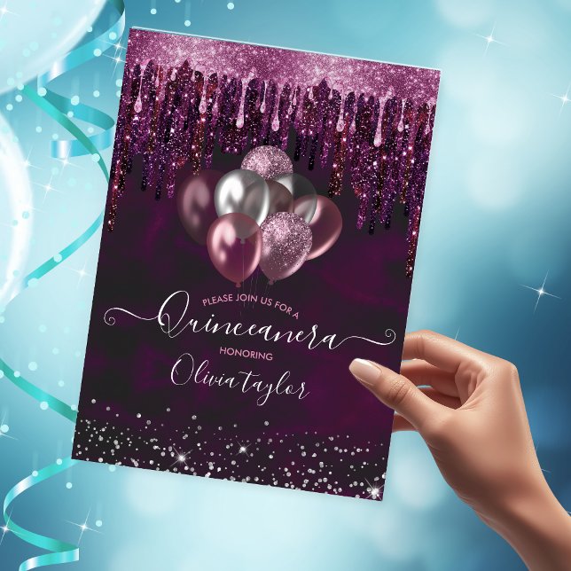 Rosa rosa Tropfen Glitzer Ballons Quinceanera Einladung (Von Creator hochgeladen)