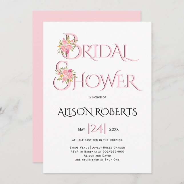 Rosa Rosa-Typografie, rosa Rosen Brautparty Einladung (Vorne/Hinten)