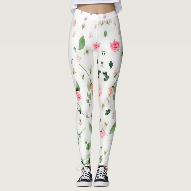 Rosa Rosa und Blätter auf weißem Hintergrund Leggings (Vorderseite)