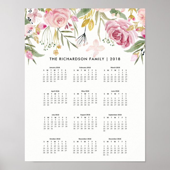 Rosa Rosa und Imitate Gold Blume | Kalender 2018 Poster (Vorne)
