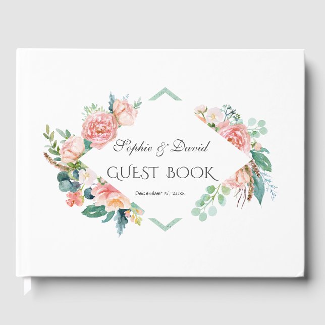 Rosa Rosa Weiße Blume Grüne Rahmen Hochzeit Gästebuch (Vorderseite)
