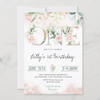 Rosa Rose 1. Geburtstag Einladung