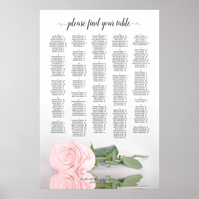 Rosa Rose Alphabetische Hochzeitstabelle Poster (Vorne)