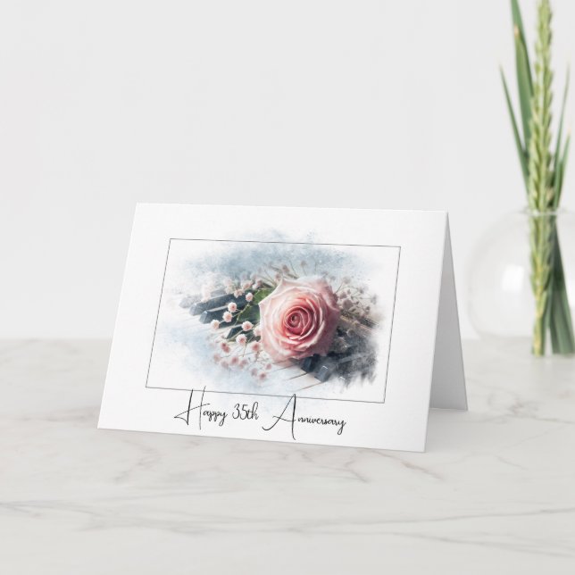 Rosa Rose am Klavier zum 35. Jahrestag Karte (Vorderseite)