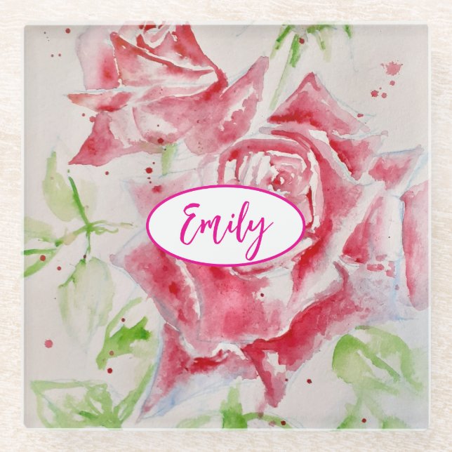 Rosa Rose Aquarell Blume Florenz Glasuntersetzer (Vorderseite)