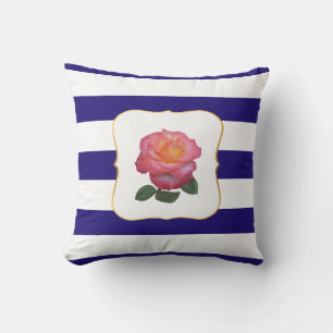 Rosa Rose auf navyblau und weiß gestreift Kissen