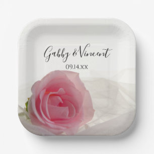 Rosa Rose auf weißer Hochzeit Pappteller