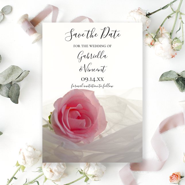 Rosa Rose auf weißer Hochzeit Speichern Sie das Da Save The Date (Von Creator hochgeladen)