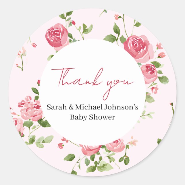 Rosa Rose Baby Dusche Runder Aufkleber (Vorderseite)