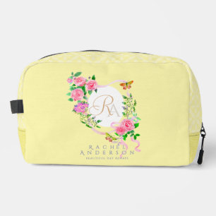 Rosa Rose Band Monogram Creme Druckknopfbeutel Waschbeutel