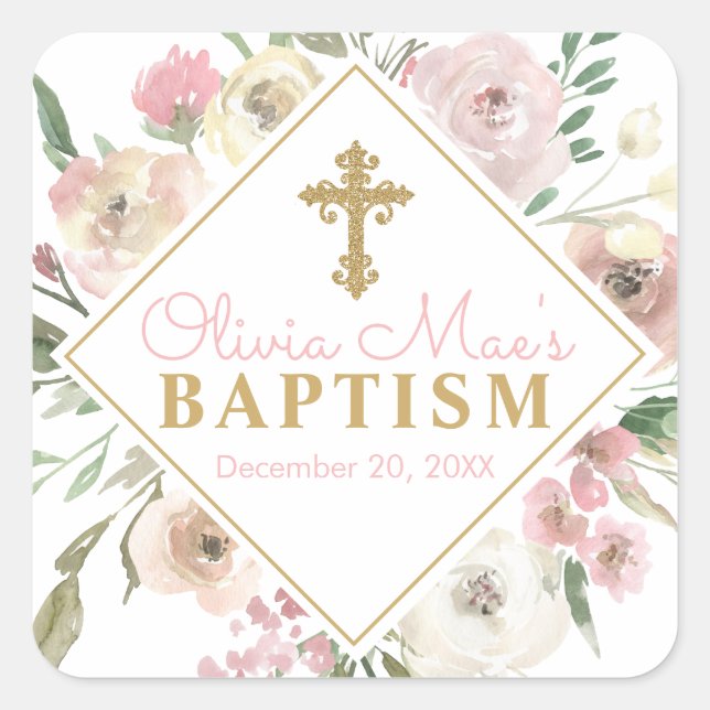 Rosa Rose Blooms Girl BaptisSquare Stickers (Vorderseite)