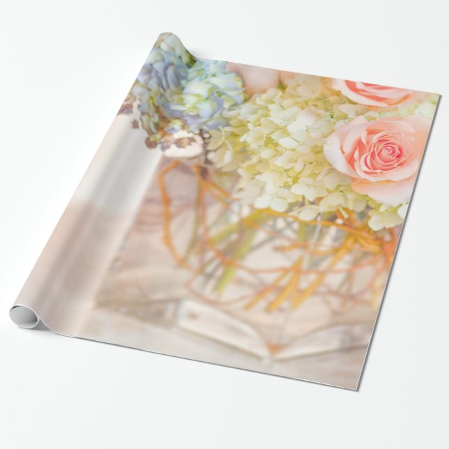 Rosa Rose Blue Hydrangea Vase Bouquet Rose Blume Geschenkpapier (Ungerollt)