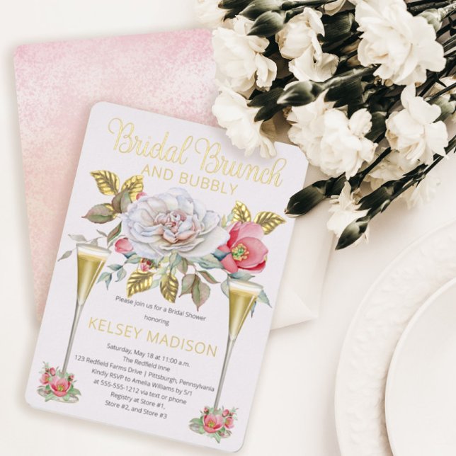 Rosa Rose Blumenblüten Bridal Brunch und Bubbly Folieneinladung (Von Creator hochgeladen)