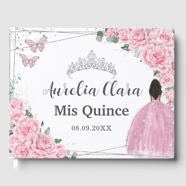 Rosa Rose Blumenbraun Prinzessin Silver QUINCEAÑER Gästebuch (Vorderseite)