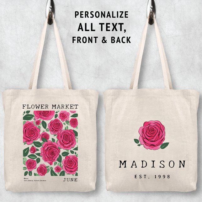 Rosa Rose Blumendruck Juni Geburtsmarkt Blume Tragetasche (Personalized June Birth Flower Market Tote Bag, Custom Name Tote Bag, Bachelorette Bridesmaid Gifts )
