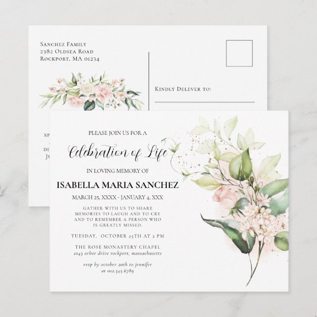 Rosa Rose Blumenfeier zum Leben Einladung Postkarte (Vorne/Hinten)
