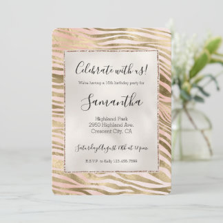 Rosa Rose Blush Gold Zebra Animal Print Einladung