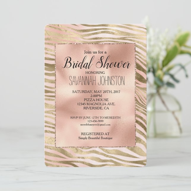 Rosa Rose Blush Gold Zebra Brautparty Einladung (Stehend Vorderseite)
