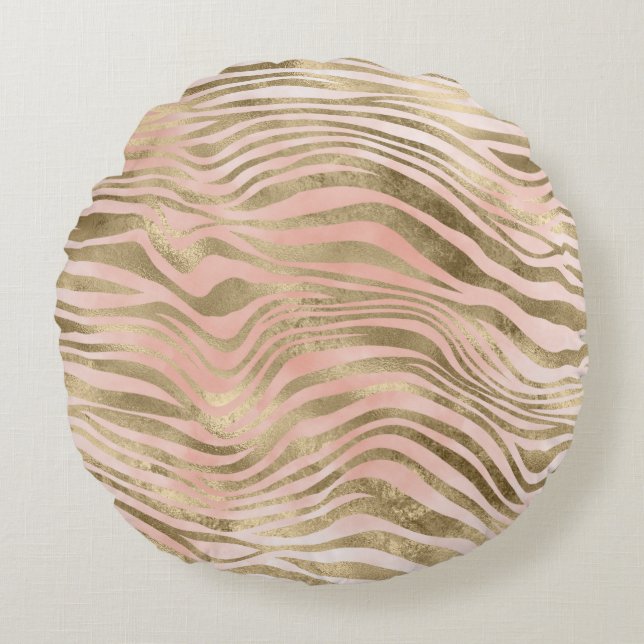 Rosa Rose Blush Gold Zebra Leopard Tierausdruck Rundes Kissen (Vorderseite)