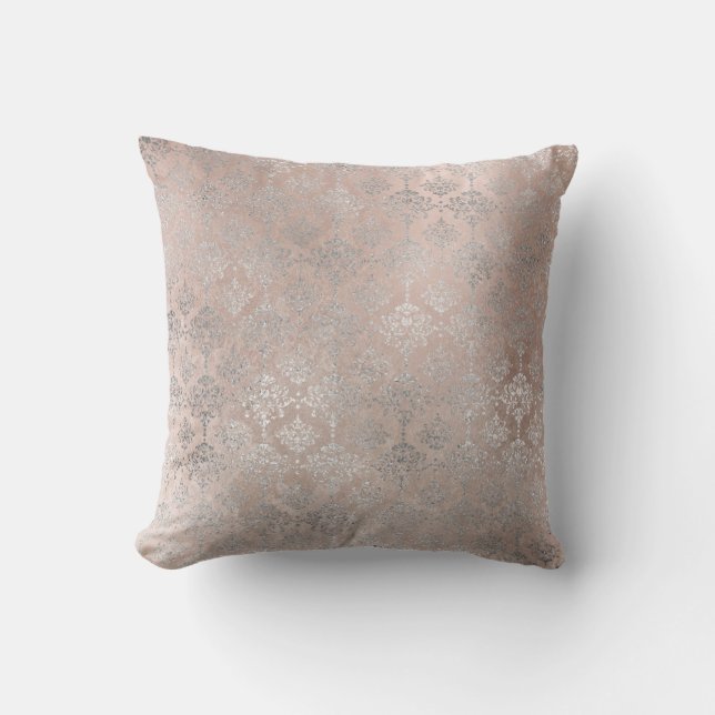 Rosa Rose Blush Powder grungy Silver Grau Damask Kissen (Vorderseite)