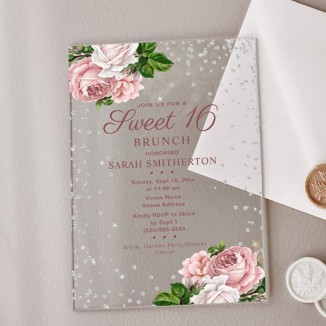 Rosa Rose Blütenbraun Silver Glitzer Sweet 16 Brun Acryleinladungen (Elegant blush pink vitnage floral Sweet 16 Brunch invitation)