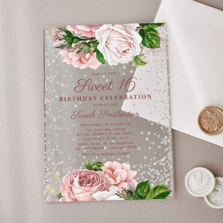Rosa Rose Blütenfarben Silberner Glitzer Sweet 16 Acryleinladungen