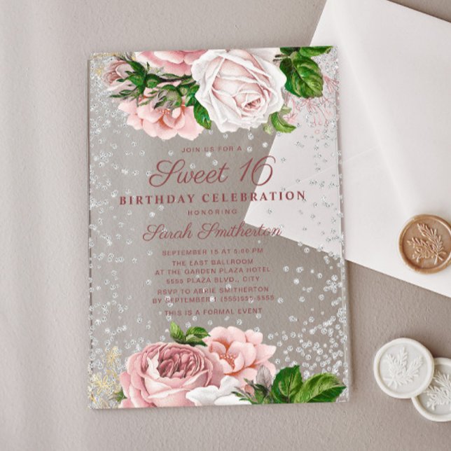 Rosa Rose Blütenfarben Silberner Glitzer Sweet 16 Acryleinladungen (Blush pink vintage floral Sweet 16 acrylic invitation)