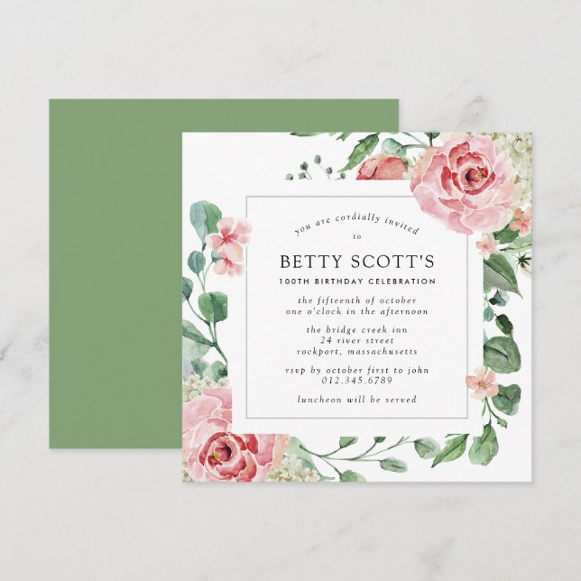 Rosa Rose Botanische 100. Geburtstagsparty Einladung (Vorne/Hinten)