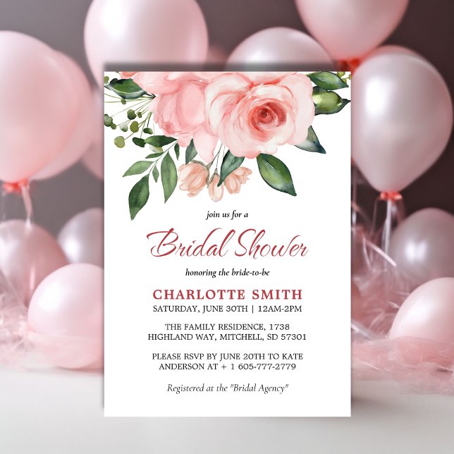 Rosa Rose Brautparty Einladung (Blush Pink Rose Floral Watercolor Bridal Shower Invitation)