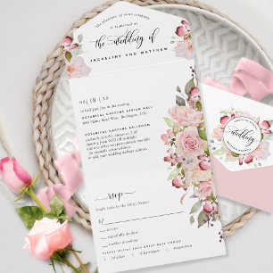 Rosa, Rosé, Burgunder Blumen Hochzeit Abreiß-RSVP All In One Einladung