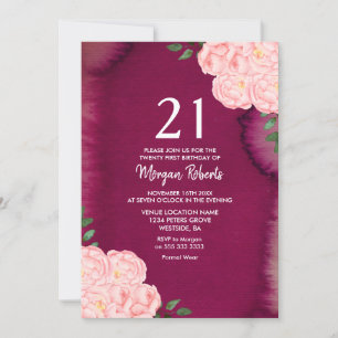 Rosa Rose Burgundy Lila 21. Geburtstag Einladung