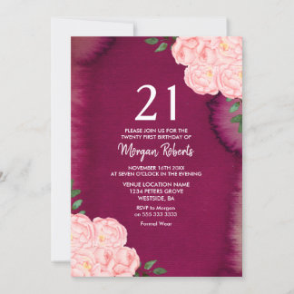 Rosa Rose Burgundy Lila 21. Geburtstag Einladung