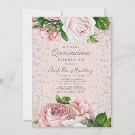 Rosa Rose der Flora Silver Glitzer Quinceañera Einladung