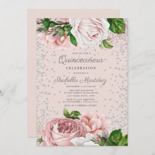Rosa Rose der Flora Silver Glitzer Quinceañera Einladung