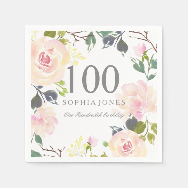 Rosa Rose Elegant 100. Geburtstagsparty Serviette (Vorderseite)