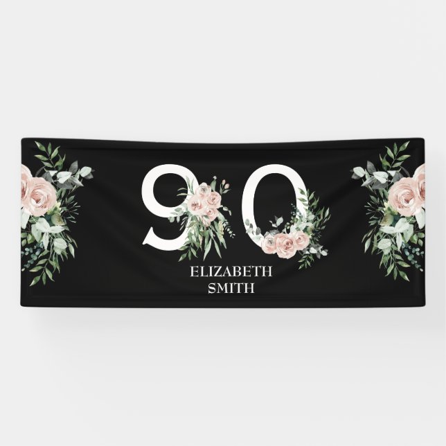 Rosa Rose Elegant 90. Black Birthday Party Banner (Horizontal)