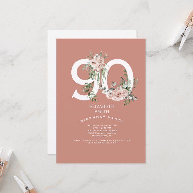 Rosa Rose Elegant 90. Geburtstagsparty Einladung (Vorderseite/Rückseite Beispiel)