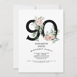 Rosa Rose Elegant 90. White Birthday Party Einladung