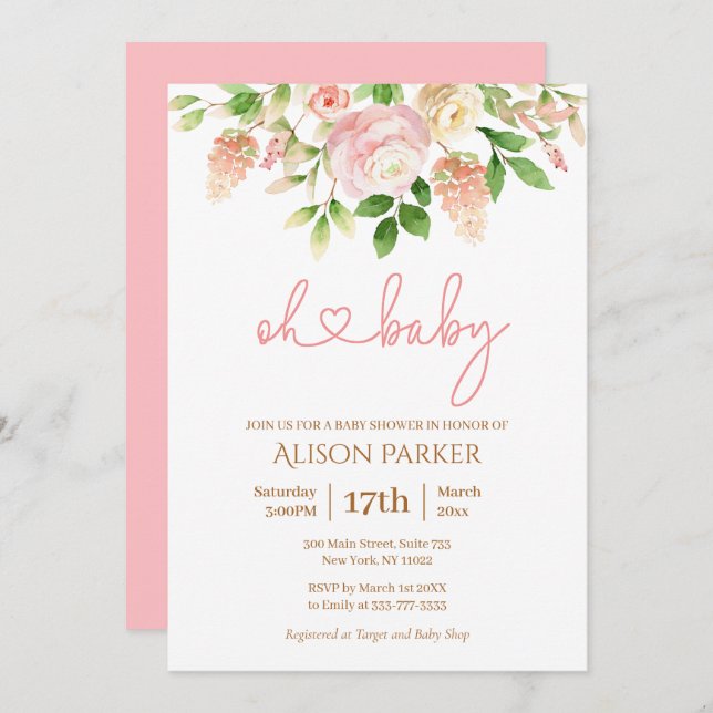 Rosa Rose Elegante Girl Girl Babydusche Einladung (Vorne/Hinten)