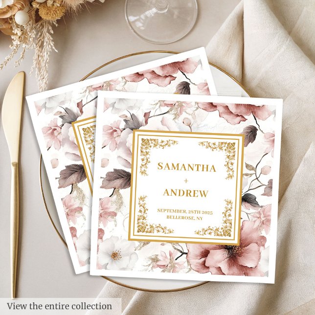Rosa Rose Elfenbein Papernapkins Serviette (Romantic blush ivory gold floral paper napkins)