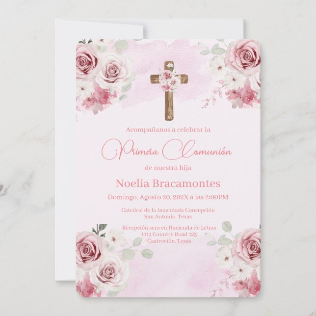 Rosa Rose erste kommunale Einladung auf Spanisch (Vorderseite)