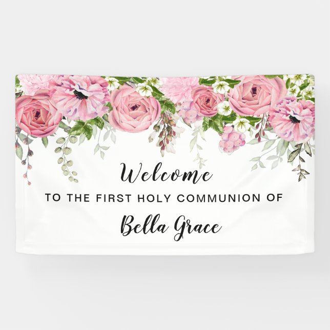 Rosa Rose Erste Kommune Blush Pink Rose Willkommen Banner (Horizontal)
