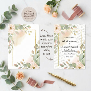 Rosa Rose, Eukalyptus und goldener Rahmen leere Ho Einladung