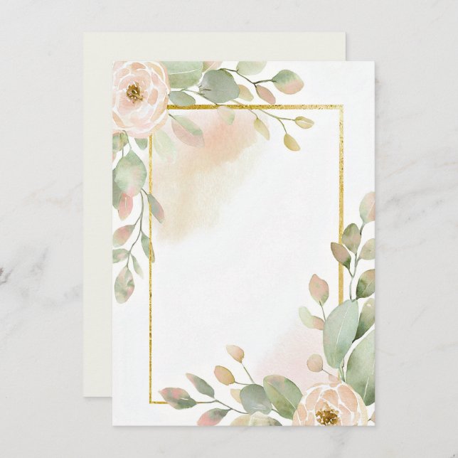 Rosa Rose, Eukalyptus und Goldrahmen Blanche Hochz Einladung (Vorne/Hinten)