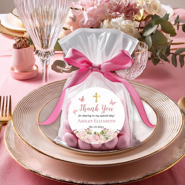 Rosa Rose Floral |Butterfats Gold Cross Vielen Dan Runder Aufkleber (Pink Rose Floral and Pink Butterflies | Gold Tone Trinity Cross First Holy Communion Favor Stickers)