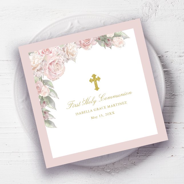 Rosa Rose Floral Erster Kommunionencocktail Serviette (Von Creator hochgeladen)