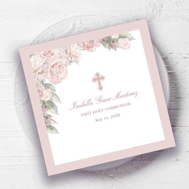 Rosa Rose Floral Erster Kommunionencocktail Serviette (Von Creator hochgeladen)