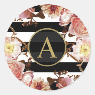 Rosa Rose Floral Gold Monogramm Schwarz-weißer Str Runder Aufkleber