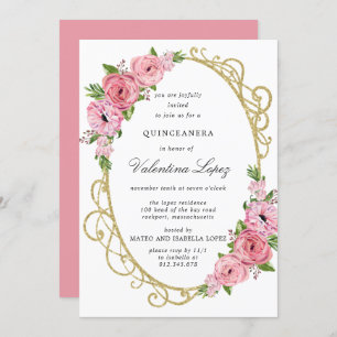 Rosa Rose Floral Gold Quinceanera Einladung