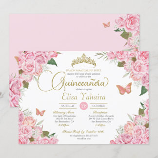 Rosa Rose Floral Gold Tiara Butterfly Quinceanera Einladung